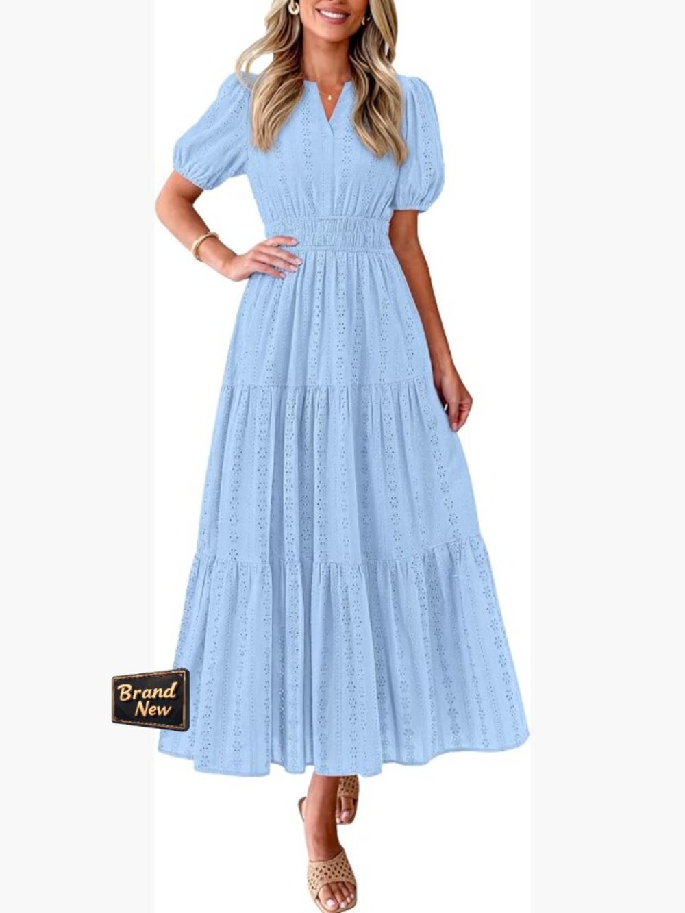 Women's Casual Maxi Dress V-Neck Puff Sleeve Smocked Waist Flowy Cotton Tiered